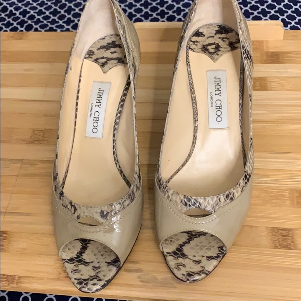 Jimmy Choo patent snake peep toe heel